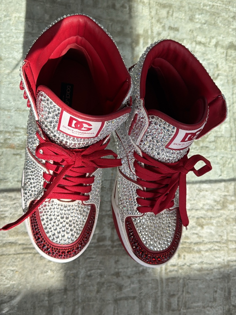 Dolce & Gabbana Red and Silver Crystal High-Top Sneakers